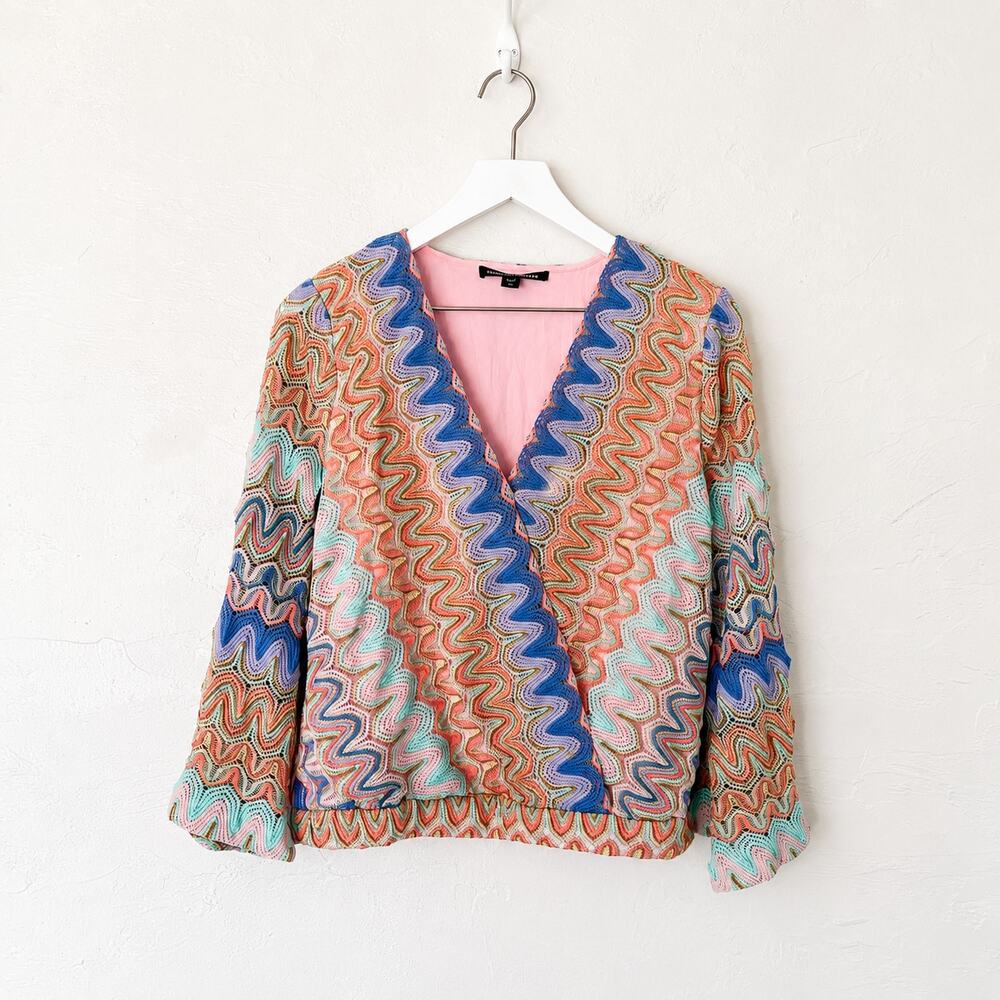 Boston Proper Multi Color Surplice Flare Sleeve Top M Boho Resort Glam Dopamine
